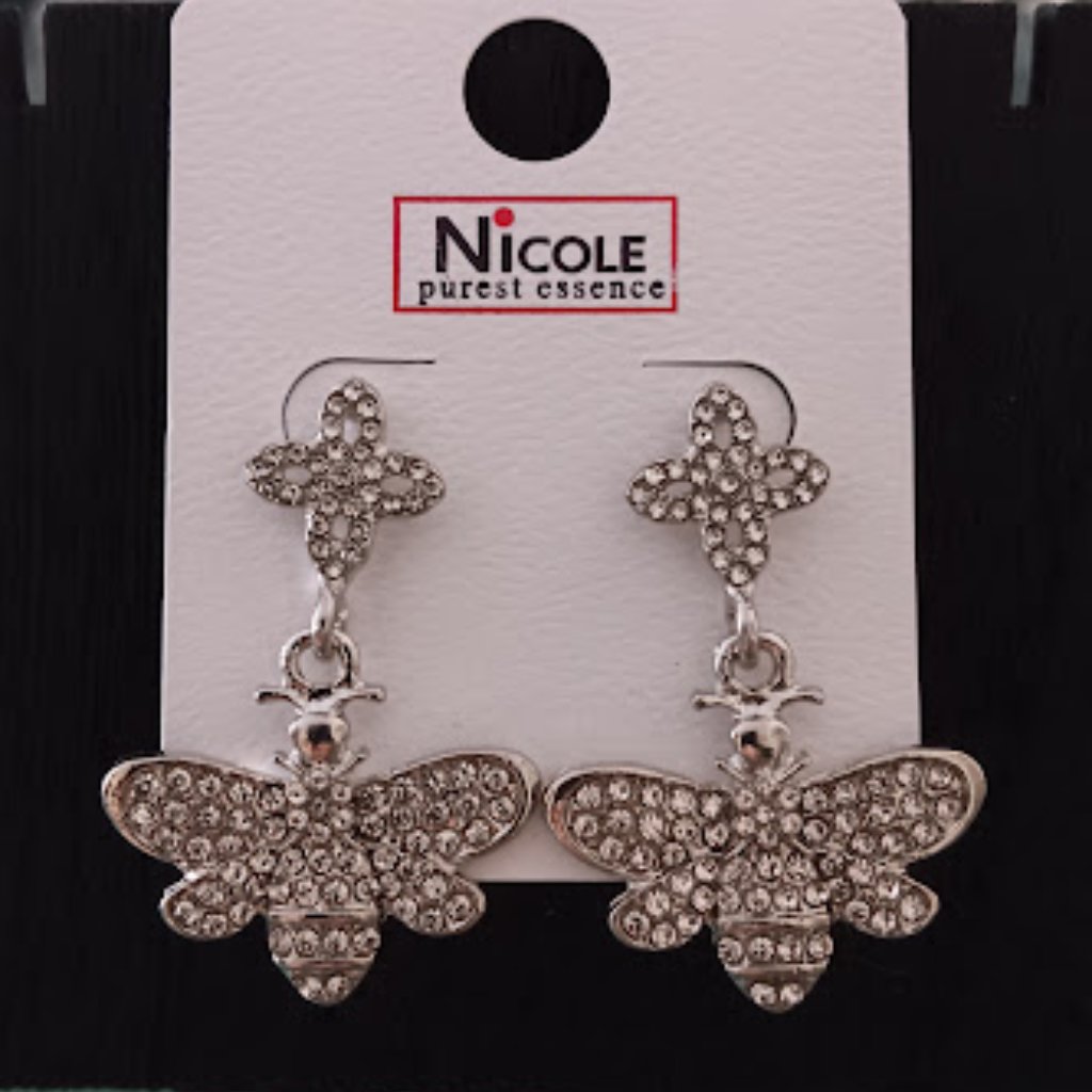 Nicole Mod/Contemporary Lucky Clover & Queen Bee Silver Clear Crystal Earrings